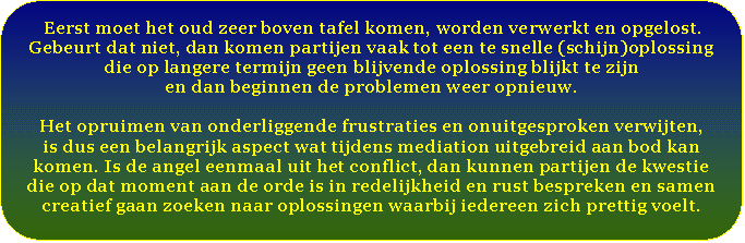 Afgeronde rechthoek:  Eerst moet het oud zeer boven tafel komen, worden verwerkt en opgelost.  Gebeurt dat niet, dan komen partijen vaak tot een te snelle (schijn)oplossing die op langere termijn geen blijvende oplossing blijkt te zijn  en dan beginnen de problemen weer opnieuw.     Het opruimen van onderliggende frustraties en onuitgesproken verwijten,   is dus een belangrijk aspect wat tijdens mediation uitgebreid aan bod kan komen. Is de angel eenmaal uit het conflict, dan kunnen partijen de kwestie die op dat moment aan de orde is in redelijkheid en rust bespreken en samen creatief gaan zoeken naar oplossingen waarbij iedereen zich prettig voelt.      